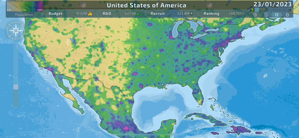 Gameplay screenshot of Dummynation showing a strategic map of the United States with population and budget statistics