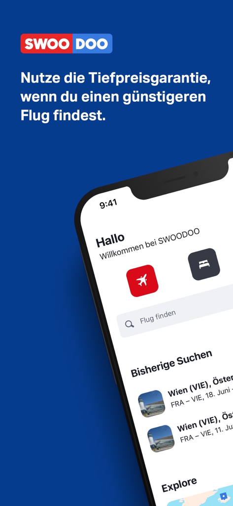 SWOODOO: Flüge, Hotels & Autos - Tela inicial do aplicativo de viagens SWOODOO em um celular mostrando opções de pesquisa de voos e hotéis