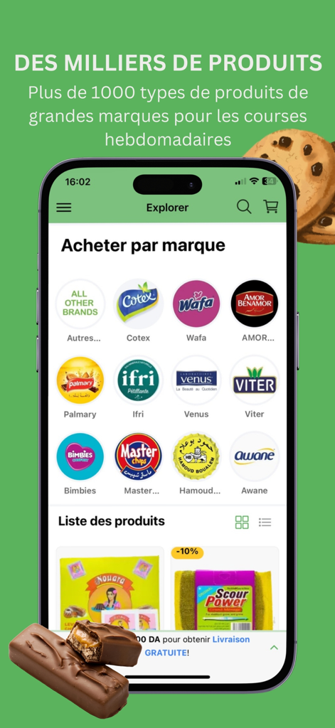 Dellvo: Fast Delivery Service - Dellvo app interface showing a variety of popular grocery brands available for fast delivery in Algiers.