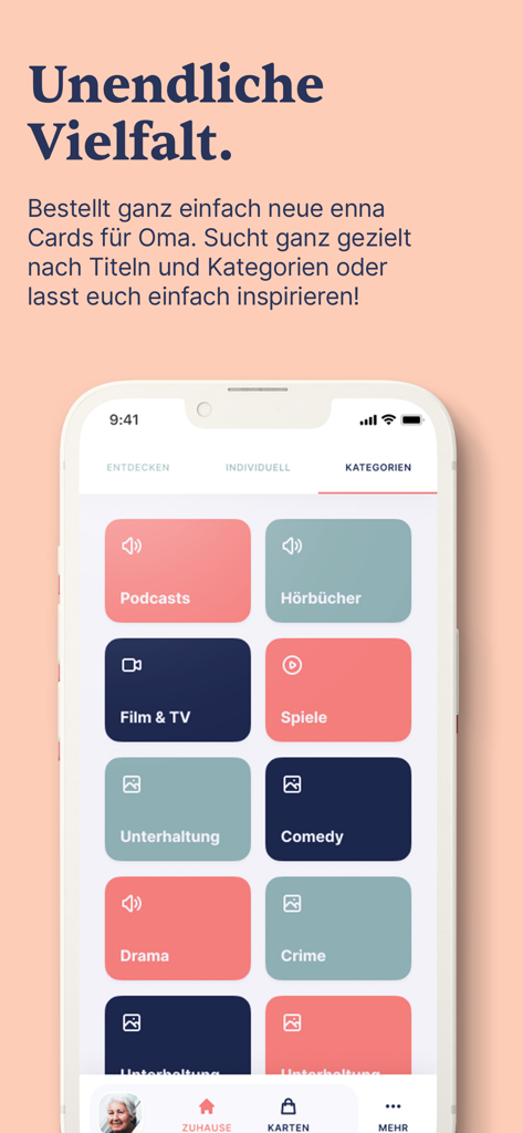 enna - Smartphone displaying different content categories in the enna companion app for ordering physical cards