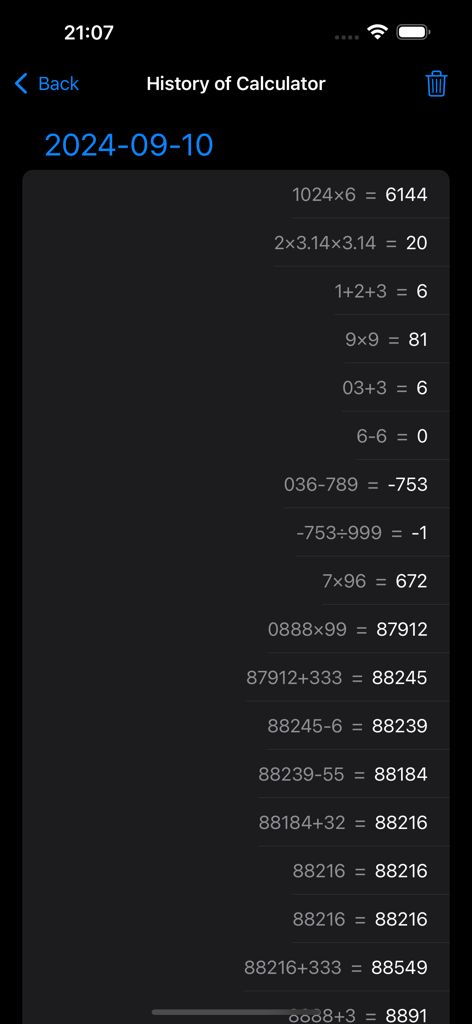 Screenshot of the calculation history records in Calculator7 app
