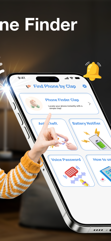 Smartphone screen displaying the main menu of the Find My Phone By Clapping app with features like anti-theft and battery notifier.