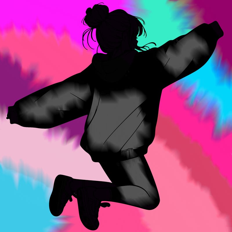 realistic girl jumping with a bun and oversized sweatshirt