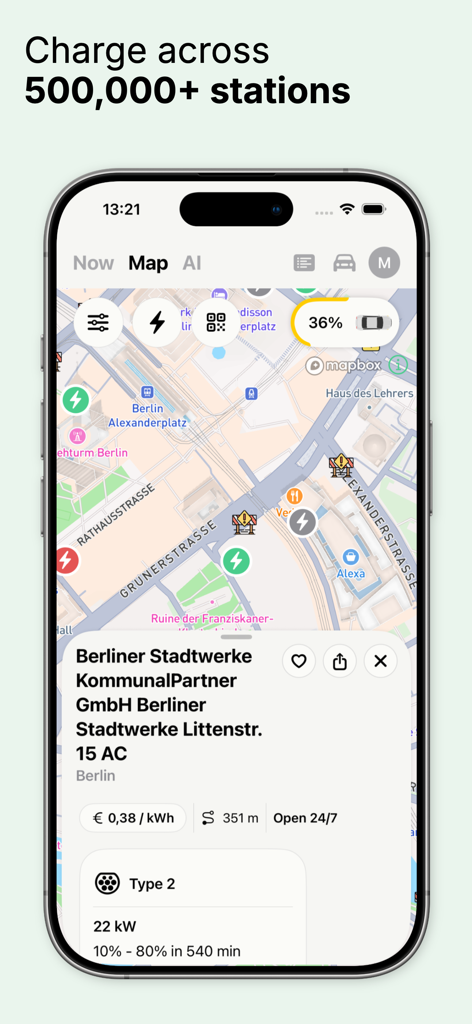 StromNow EV Charging Map - Pantalla de la aplicación StromNow mostrando un mapa de estaciones de carga de vehículos eléctricos con detalles de precios y tipo de enchufe