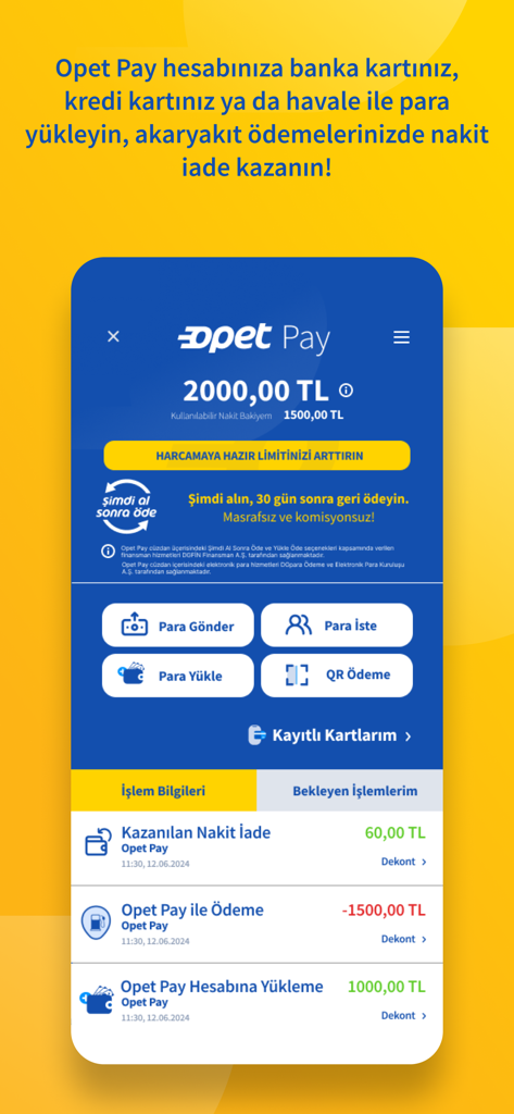 Opet Mobil - Opet Pay'le Kazan - Écran du portefeuille numérique Opet Pay affichant le solde du compte et l'historique des transactions