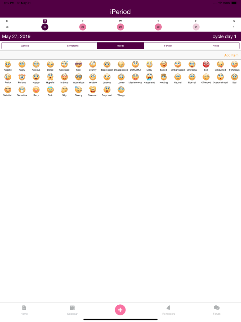 Interfaz de seguimiento de estado de ánimo en la aplicación iPeriod Lite HD que muestra una cuadrícula de diferentes íconos de emoji para el registro diario