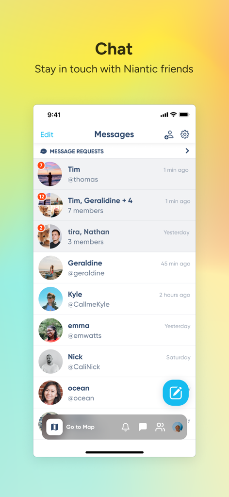 Niantic Campfire - Niantic Campfire app chat interface displaying a list of direct and group messages with friends