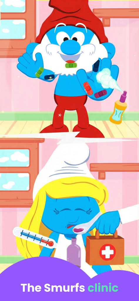 Papa Smurf with colorful bandages and Smurfette taking medicine in the Smurfs clinic mobile game