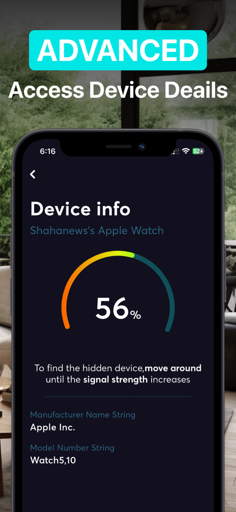 Hidden Camera Spy Detector Hid - Mobile app interface displaying detailed device information and signal strength for a detected Apple Watch.