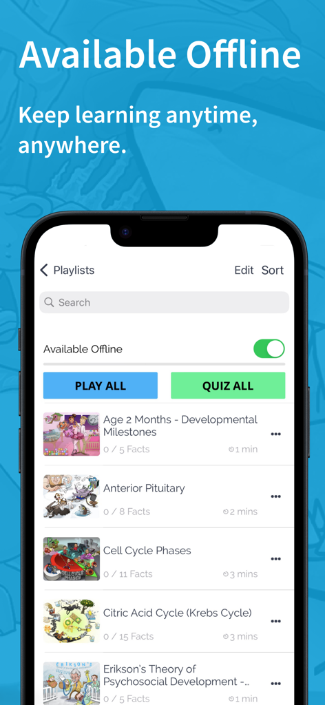 Picmonic Anatomy & Physiology - Picmonic app screen showing study playlists with offline mode enabled.