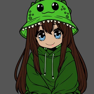 girl with anime shaped eyes with a dinosaur bucket hat oversized sweatshirt long straight hair
