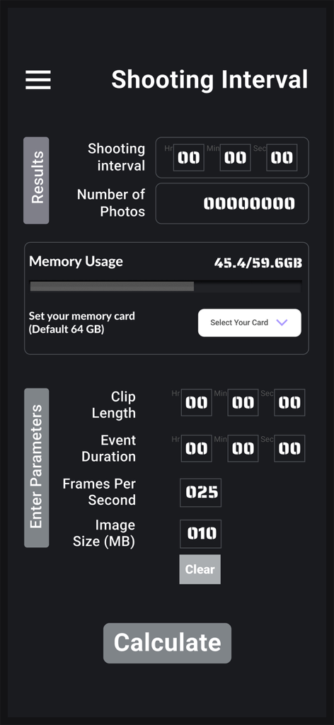 Screenshot der Benutzeroberfläche der Timelapse Planner App zur Berechnung von Aufnahmeintervallen und Speicherverbrauch.