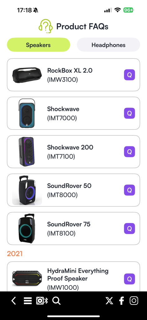 Altec Lansing Just Listen app screen showing a list of speaker models in the product FAQ section including RockBox and Shockwave models