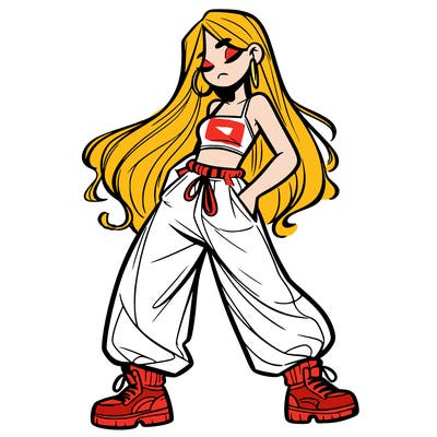 girl in baggy pants crop top and long hair