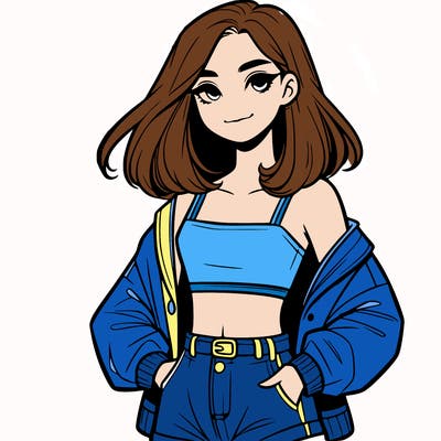 a realistic girl with a crop top and short shorts in an open jacket
