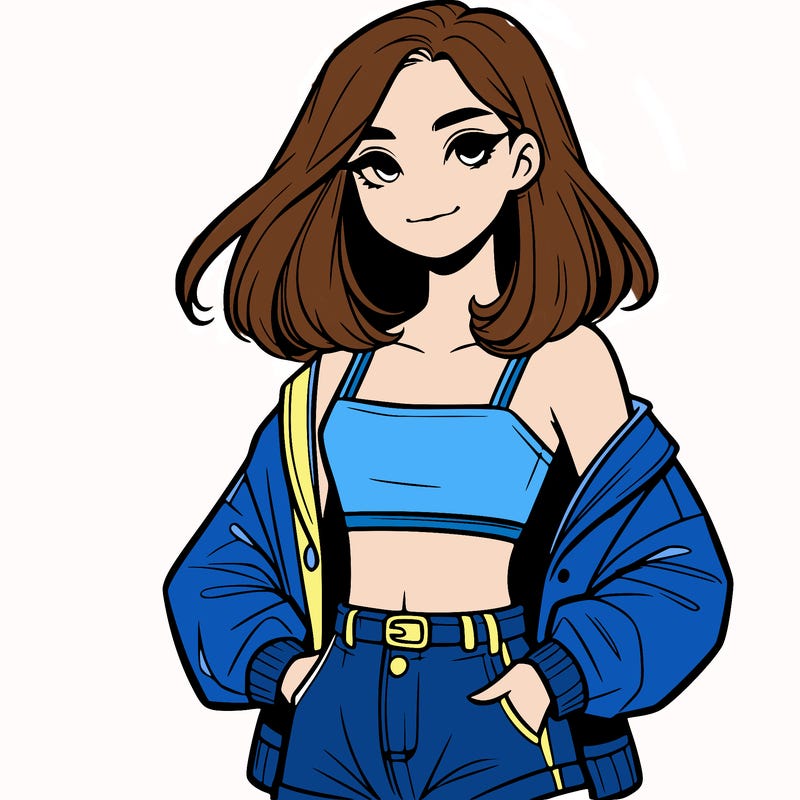 a realistic girl with a crop top and short shorts in an open jacket