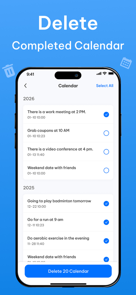 Photo Cleaner - Smart Cleanup - Interface of the calendar cleanup feature showing a list of old events selected for deletion.