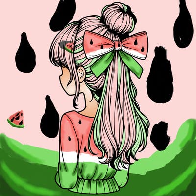 realistic girl  with hip length hair a bun and a big bow on the back of head