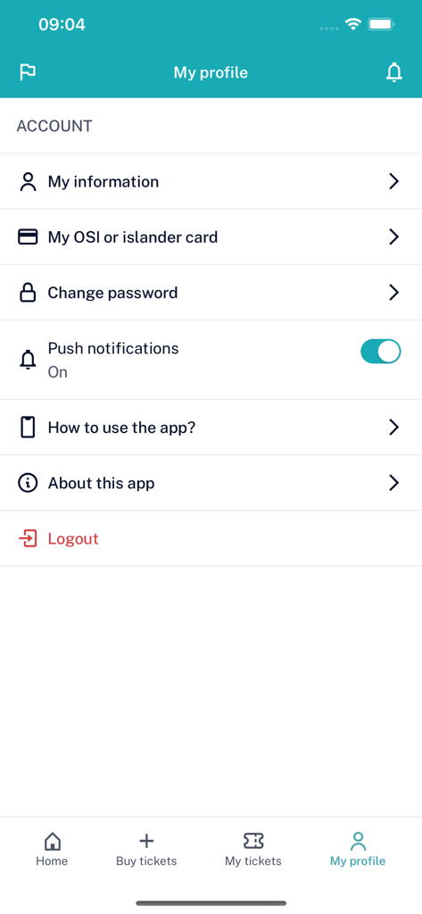 Écran du profil utilisateur de l'application TP Line montrant les paramètres du compte et le menu de navigation