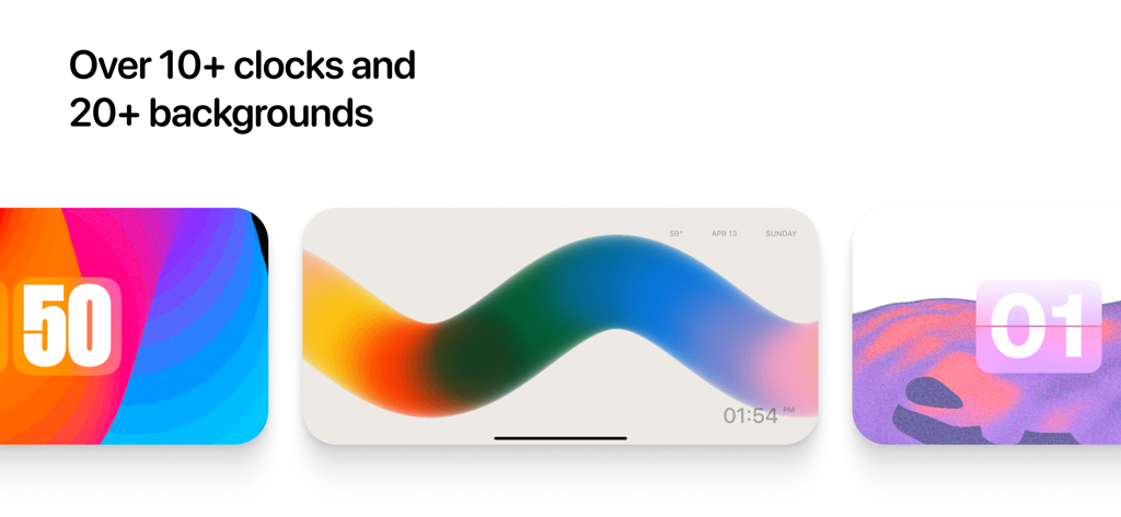 Three different aesthetic clock face and background designs from the Clocks app showing vibrant colors and minimalist layouts