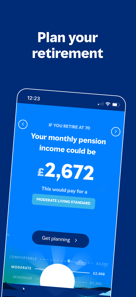 Retirement planning screen in the Mercer Money app showing monthly pension income estimates and living standard levels.