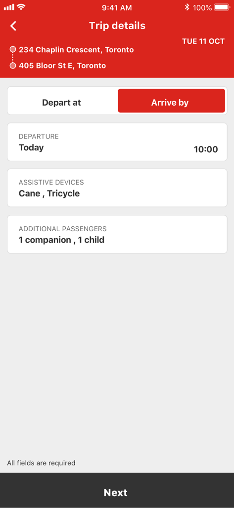 Wheel-Transアプリの旅行詳細画面。ピックアップとドロップオフの場所、旅行の好みを表示。