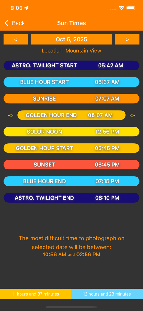 SkyCandy - Sunset Forecast App - SkyCandy app interface showing sun times and daylight phases like golden and blue hour.