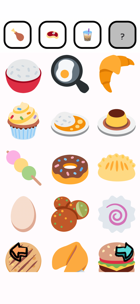 Un menú de coloridos emojis de comida que incluyen té boba y donas en el juego MunchPop ASMR.