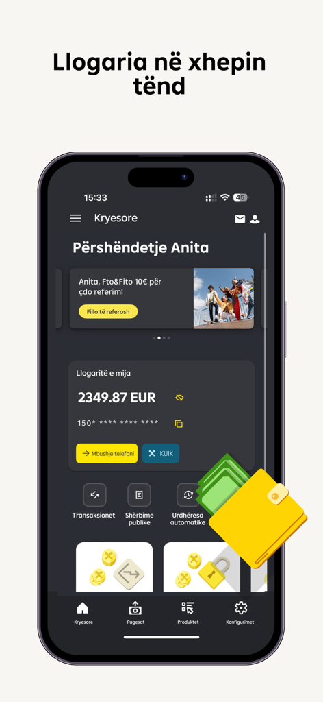 Raiffeisen Bank Kosovo Mobile - Raiffeisen Bank Kosovo mobile app dashboard displaying account balance and financial services in dark mode.