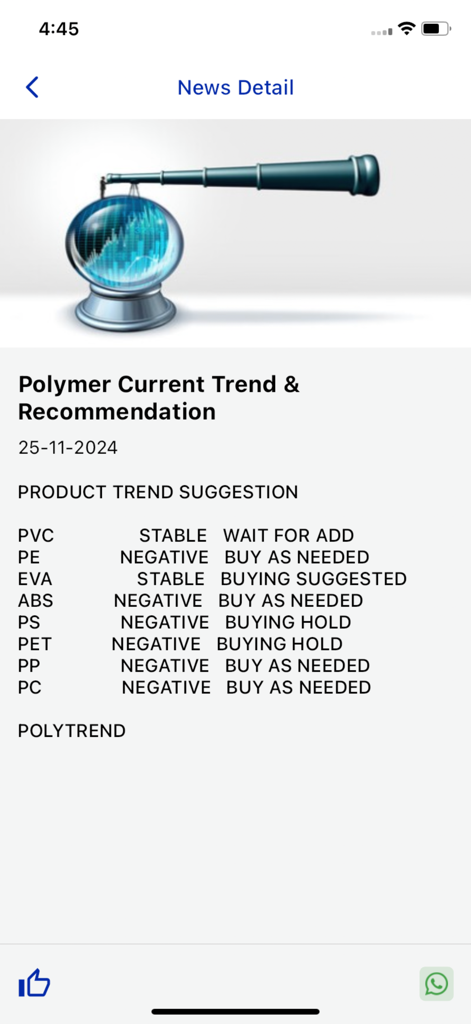 Polymer current market trends and buying recommendations list in Polytrend app