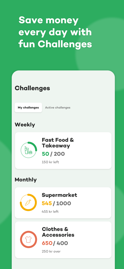 Spiir - Interface do aplicativo Spiir exibindo desafios de economia de dinheiro semanais e mensais com rastreadores de gastos para fast-food e mercearia