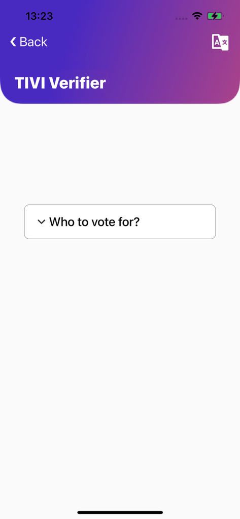 TIVI Verifier - Tela do aplicativo TIVI Verifier exibindo uma seção de informações sobre Quem votar.