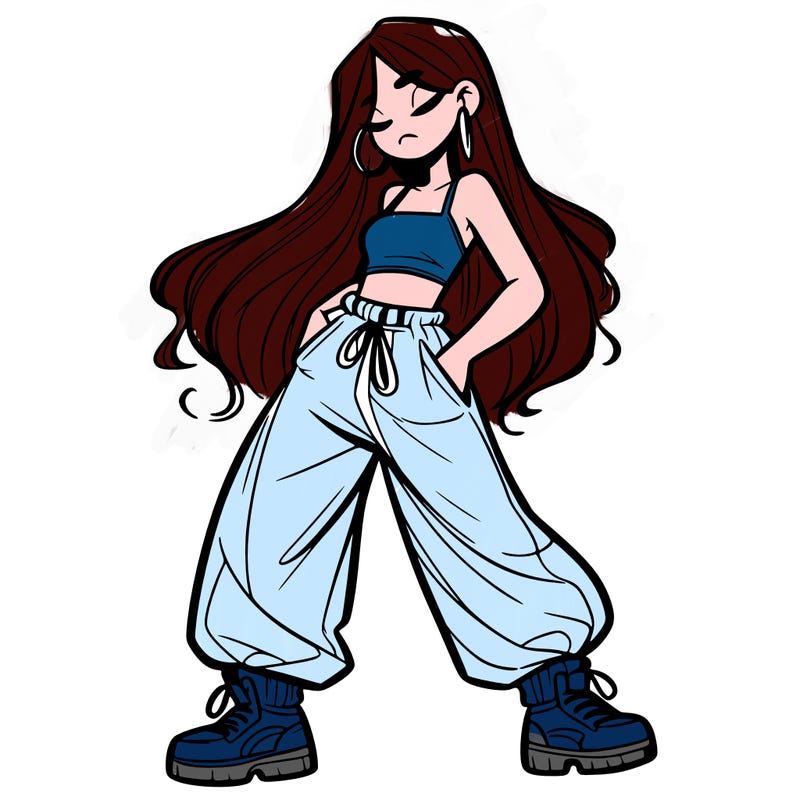 girl in baggy pants crop top and long hair