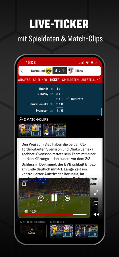 kicker Fußball News - Screenshot of the kicker app live ticker for a soccer match between Dortmund and Bilbao including match clips and stats