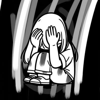 girl sitting down covering her head