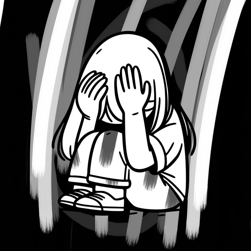 girl sitting down covering her head