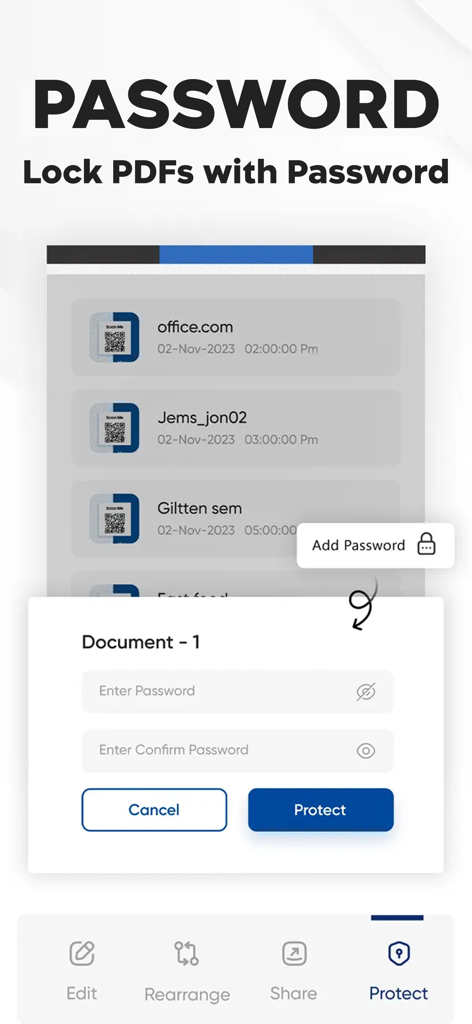 Photo to PDF Converter Doc - Interfaz de la app móvil mostrando la opción de bloquear documentos PDF con una contraseña segura