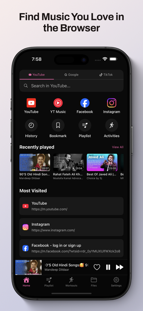 Offline Music Tube Browser - Offline Music Tube Browser app home screen with search bars and music shortcuts.