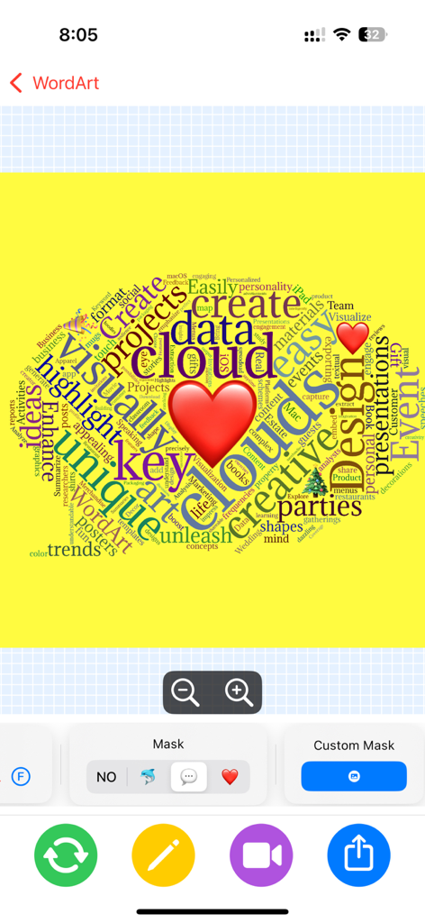 노란색 배경에 하트 모양 마스크 안의 단어 구름과 아래의 편집 도구가 표시된 WordArt 앱 인터페이스