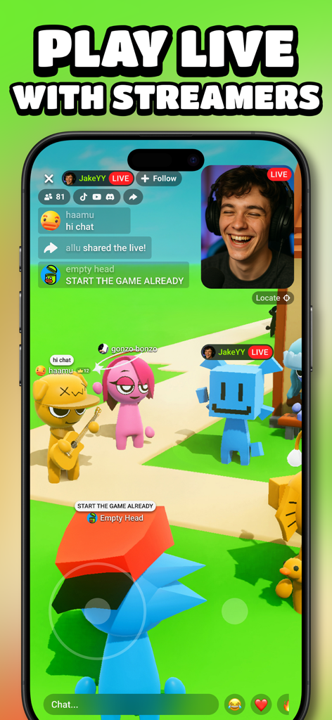 HypeHype: Play LIVE Games - HypeHype app screenshot showing a live game with a streamer video and social chat