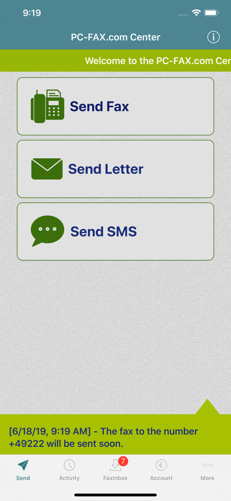 O painel principal do aplicativo PC-FAX.com Center mostrando opções para enviar fax, enviar carta e enviar SMS