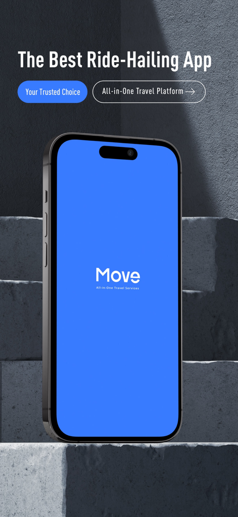 Move by LM CAR – Ride Hailing - Smartphone displaying the Move app splash screen with the tagline The Best Ride-Hailing App on a stone staircase background