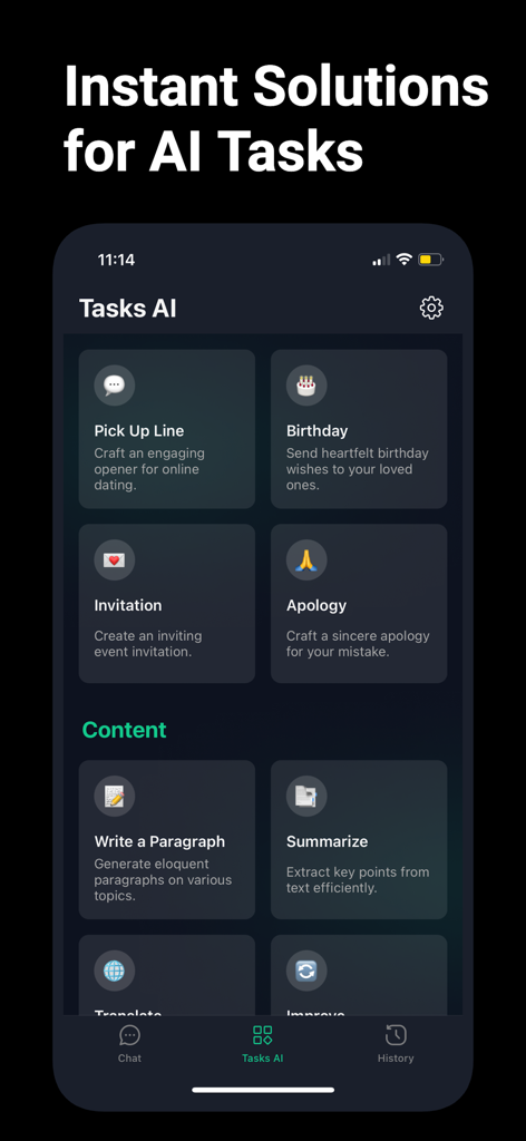 Interfaccia dell'app AI Gimini che mostra un elenco di categorie di attività come frasi per rimorchiare, auguri di compleanno e riassunto di contenuti