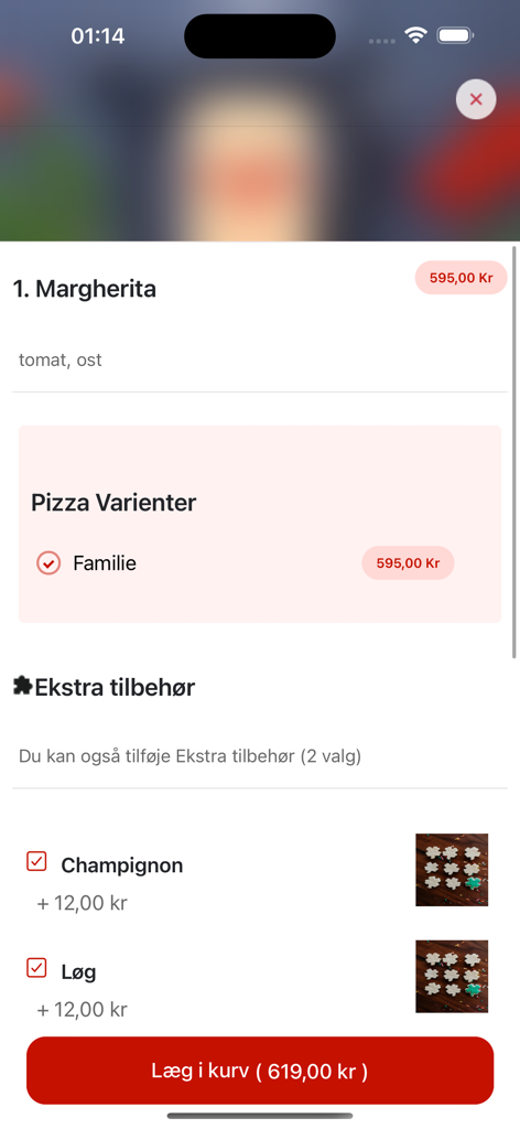 EatOnline app screen showing customization options for a Margherita pizza with extra toppings
