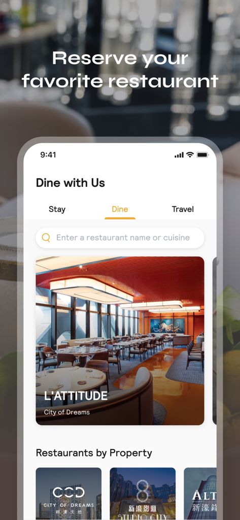 Melco Club - シティ・オブ・ドリームスを含む高級リゾートでのレストラン予約オプションを表示するメルコクラブアプリ画面。