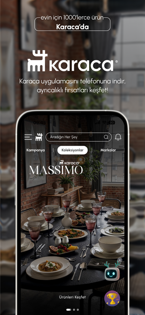Karaca: Ev & Yaşam Alışverişi - La pantalla de inicio de la aplicación Karaca para compras del hogar que muestra elegantes vajillas y productos de decoración.