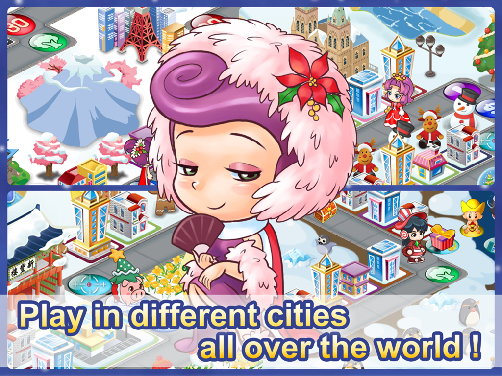 A colorful screenshot of Richman 4 Fun HD showcasing a cute character and board game maps with the text Play in different cities all over the world.