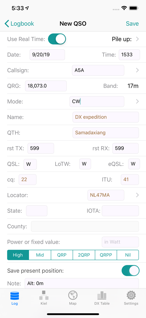 A screen from the RUMlogNG2Go app showing a detailed form for logging a new amateur radio contact including callsign and frequency