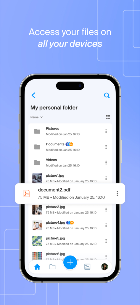 Infomaniak kDrive - Interfaccia dell'app mobile Infomaniak kDrive che mostra cartelle e file personali su uno smartphone