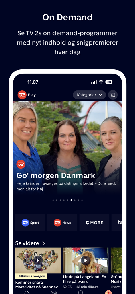 TV 2 PLAY Denmark mobile app interface displaying on-demand Danish television programs